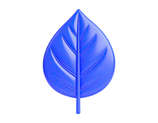 A stylized blue leaf with prominent veins against a stark black background
