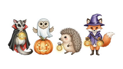 Spooky Critters’ Halloween Parade: Charming illustration of Halloween-themed animals, each in festive attire, ready for trick-or-treating. Featuring adorable sugar glider, an owl, a hedgehog.