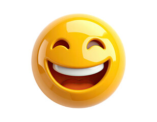 Fototapeta premium Glossy, yellow emoji with wide open smile, expressing happiness on black background