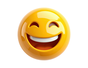 Glossy, yellow emoji with wide open smile, expressing happiness on black background