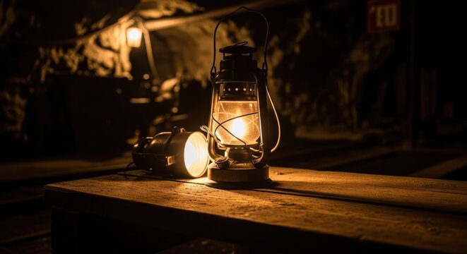 Old-fashioned miner's lamp glows on wooden table