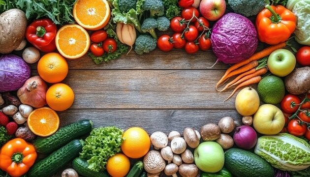 Colorful fruits and vegetables arranged in a frame on a wooden surface