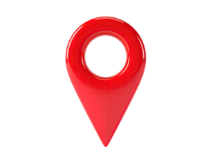 A glossy red location marker, pin-shaped, against a stark black background