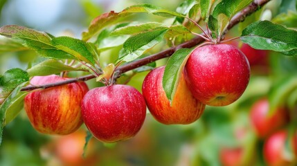 Four ripe red apples hang from a branch in a lush fruit orchard on a sunny afternoon. The vibrant leaves enhance the scene, showcasing natures bounty in late summer.