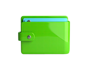 Shiny, bright green wallet, holding light blue cards, rendered on a black background