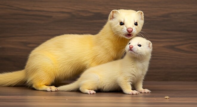 Two ferrets displaying their creamy fur against wooden background