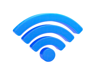 A glossy blue wifi signal icon on a black background, showing radiating arcs