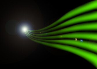 Futuristic glowing green neon lines streaming into bright white light, abstract motion effect on a black background for technology and sci-fi.