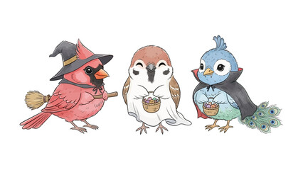 Whimsical Halloween Birds: Three charming birds in festive costumes - a witch, a ghost, and a vampire - gather for Halloween fun, exuding a sense of playful enchantment.