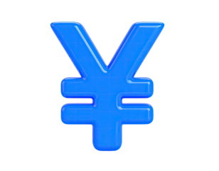 3D render of a shiny, bright blue yen symbol floating against black
