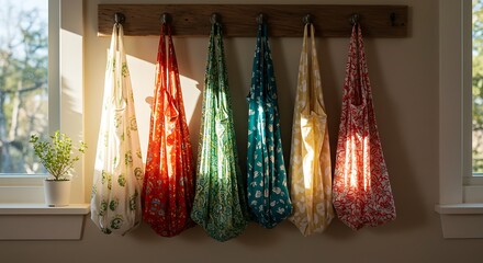 Six colorful patterned reusable shopping bags hanging on hooks by a window
