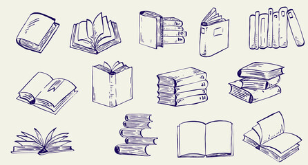 Hand drawn doodle books in sketch style. Set design element for branding banner, card, poster, invitation. Vintage vector illustration.