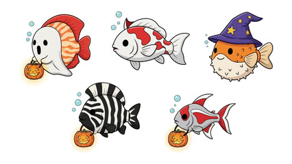 Whimsical Halloween Fish: A delightful array of cartoon fish each adorned with charming Halloween costumes, bringing a playful and festive spirit to the spooky season.