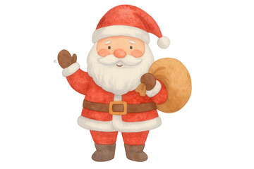 Santa claus cartoon illustration waving hand, holding gift sack, celebrating christmas holiday season, transparent background