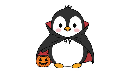 Halloween Penguin: A charming cartoon penguin, dressed as a vampire with a pumpkin, bringing spooky fun to Halloween, perfect for festive designs.