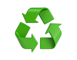 Obraz premium A glossy, green, three-arrow symbol representing recycling, isolated on black