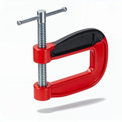 Close-up of a red and black c-clamp tool against a pristine white backdrop