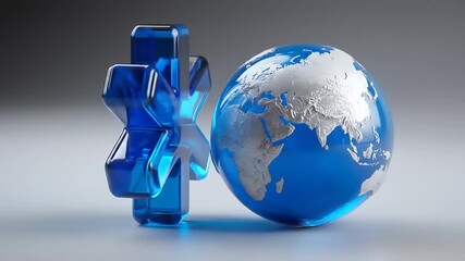3 d render of blue plus sign symbol with globe on gray background - Powered by Adobe