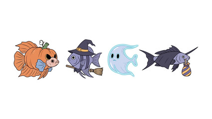 Spooky Fish: A collection of creative illustrated fish, each donned in Halloween-themed attire and bearing unique characteristics.
