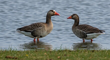 Two geese standing in shallow water with ripples and a natural background