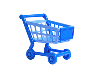 Blue, 3D render of an empty shopping cart against a stark black background