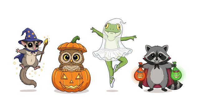 Halloween Cartoon Animals: A captivating illustration featuring a charming ensemble of costumed animal characters, perfect for a festive and whimsical Halloween celebration.