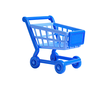 Blue, 3D render of an empty shopping cart against a stark black background