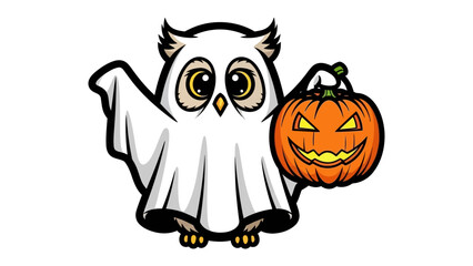Spooky Owl and Pumpkin: This whimsical illustration captures the Halloween spirit, showcasing a charming owl dressed as a ghost, clutching a carved pumpkin. Perfect for adding a touch of festive fun.