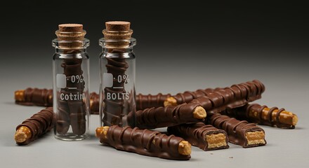 Chocolate Covered Biscuit Sticks with Small Glass Bottles on Gray Background