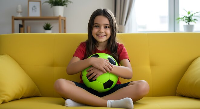 Smiling young girl in red shirt holding bright green soccer ball on yellow couch - Powered by Adobe