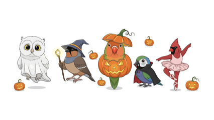 Whimsical Halloween Avian Ensemble: A charming gathering of uniquely costumed birds, each adorned in playful Halloween attire, conjuring the spirit of All Hallows' Eve with a touch of fancy.
