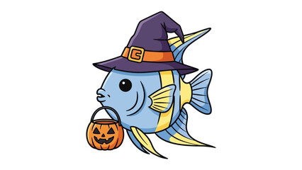 Halloween Fish with Witch's Hat: A whimsical illustration features a fish joyfully dressed in a witch's hat and carrying a jack-o'-lantern trick-or-treating, capturing the festive spirit.