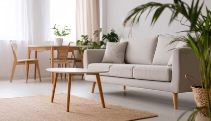 Comfortable sofa, table, chairs and green houseplants indoors. Interior design 