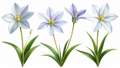 Fototapeta premium Delicate white and blue star shaped flowers with green leaves white flowers blue flowers