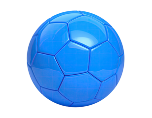 A glossy, light blue soccer ball, rendered against a stark black background