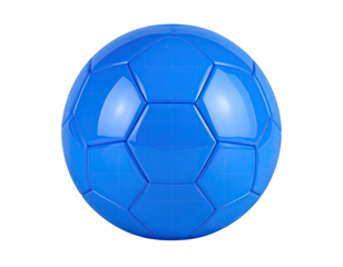 Rendered close-up of a vibrant blue polygonal soccer ball with a glossy finish