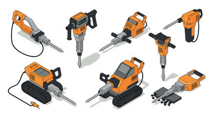 Fototapeta premium Isometric drill tools collection featuring diverse modern construction equipment