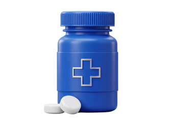 Isolated blue medicine bottle and two pills to help in illness or injury recovery