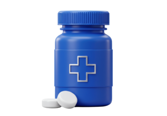 Isolated blue medicine bottle and two pills to help in illness or injury recovery