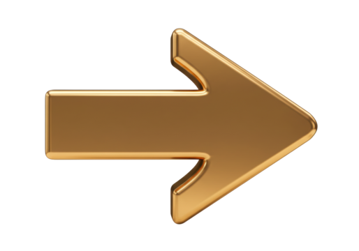 Isolated glossy gold arrow pointing right in perspective, directional navigation element