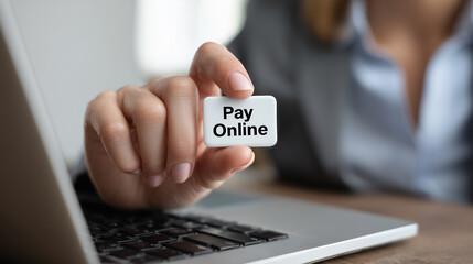 Business professional holding white button labeled "Pay Online" in front of a laptop, promoting digital payment solutions in a modern workspace