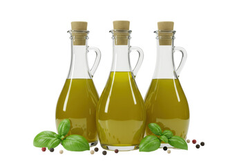 Isolated still life with three olive oil bottles, basil leaves, and peppercorns, healthy cooking