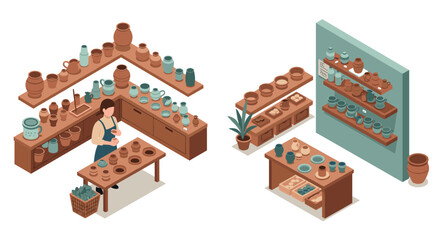 Traditional pottery workshop in isometric style featuring artisan and earthenware display