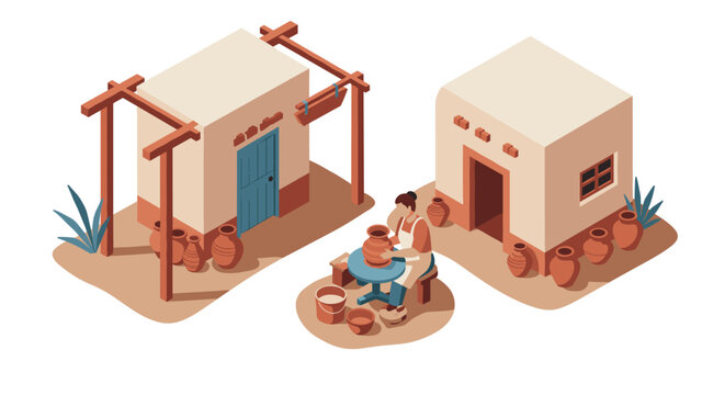 Isometric pottery workshop scene with adobe buildings and artisan