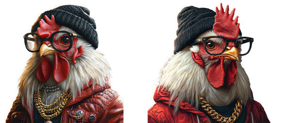 Obraz premium Two anthropomorphic chickens dressed in fashionable urban clothing and accessories isolated on transparent background