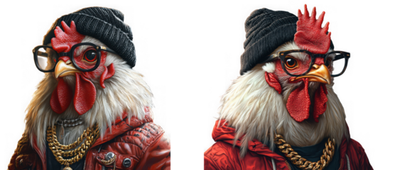 Two anthropomorphic chickens dressed in fashionable urban clothing and accessories isolated on transparent background