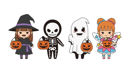 Halloween's Delightful Ensemble: A quartet of charming Halloween characters, each adorned in festive costumes and holding jack-o'-lanterns, bringing the spooky spirit of Halloween to life.