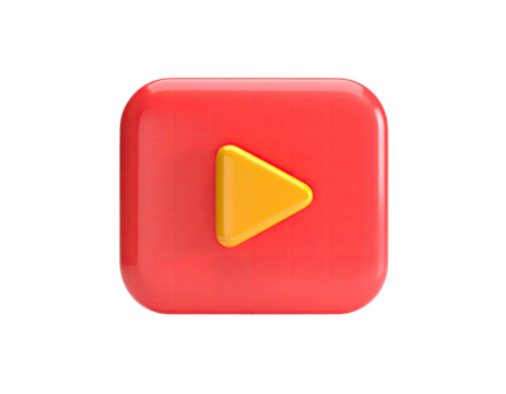 Glossy red square with rounded corners, gold triangle play button centered