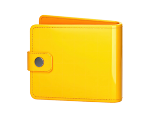 Shiny, yellow leather wallet, slightly open with button closure