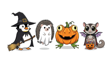 Whimsical Halloween Friends: A charming illustration depicts a cheerful gathering of Halloween-themed characters, each adorned in festive attire, creating a sense of fun and celebration.